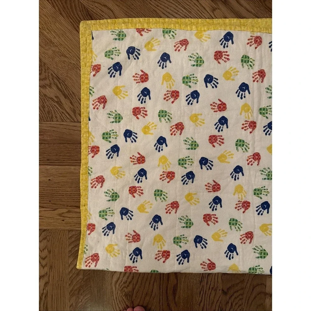 Handmade Children's Alphabet Yellow White Quilt Squares Handprint Back 48.5
